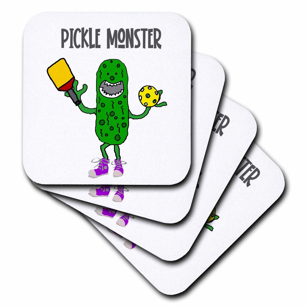 3dRose Funny Pickle Monster Pickleball Player with Paddle and Ball Cartoon - Coasters (CST_348535)