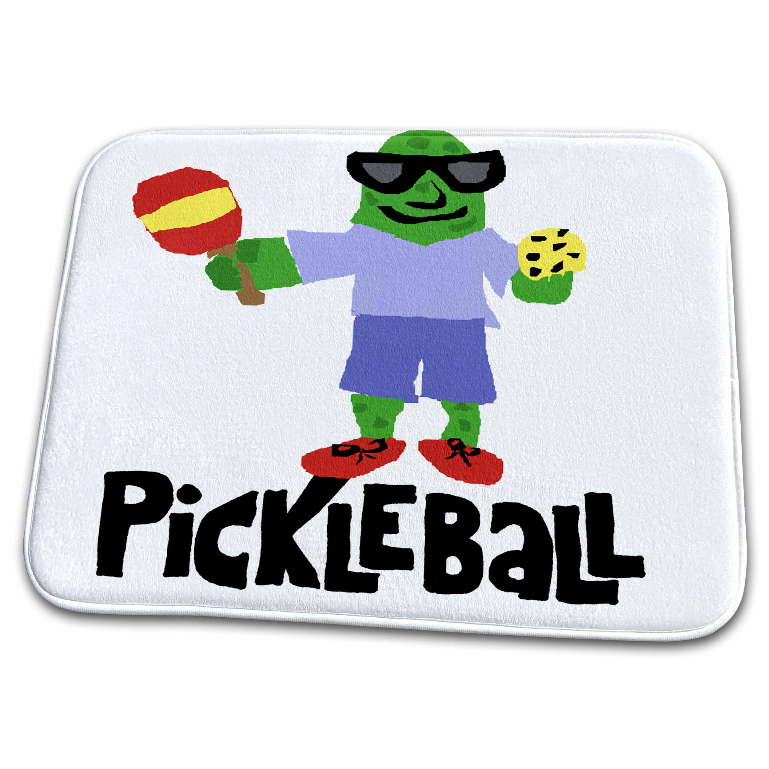 Dish Drying Mat - Funny Green Pickle Holding Pickleball Paddle and Ball Sports and Hobbies