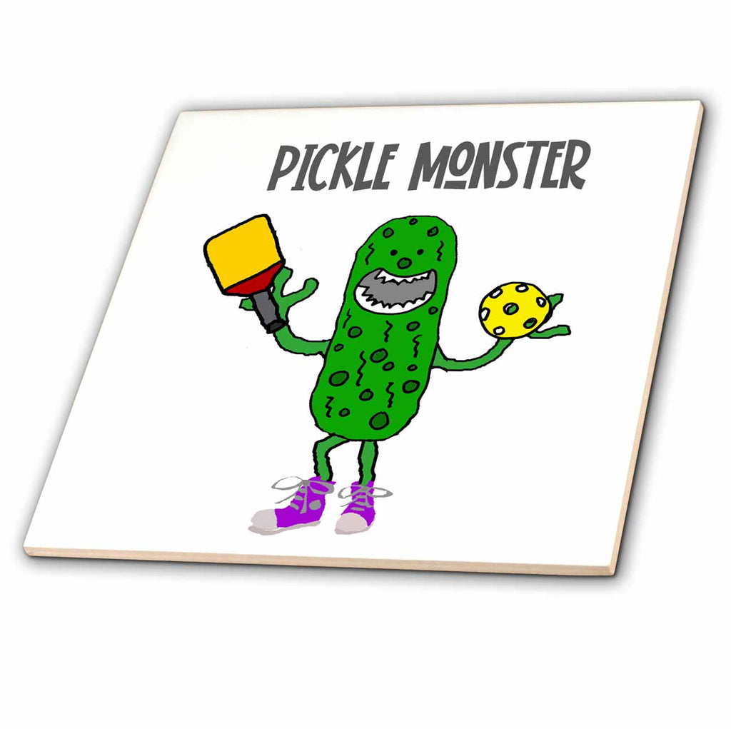 3dRose Funny Pickle Monster Pickleball Player with Paddle and Ball Cartoon - Tiles (ct_348535)